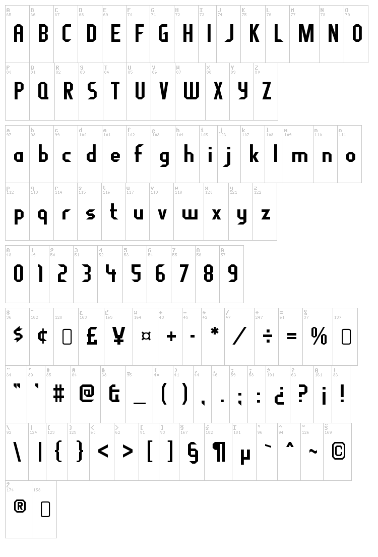 Fragile Bombers font map